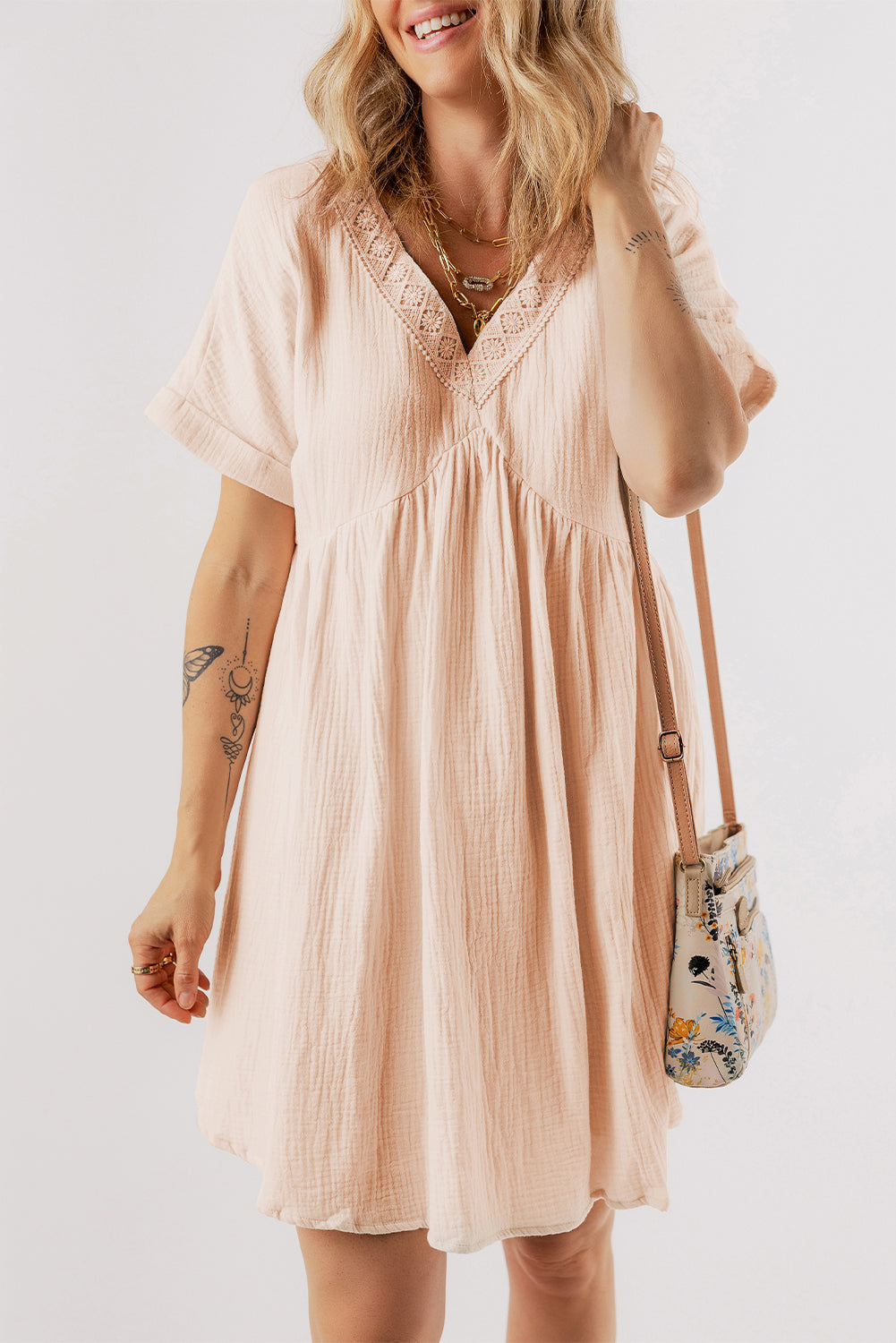 Beige Folded Short Sleeve Lace V Neck Mini Dress