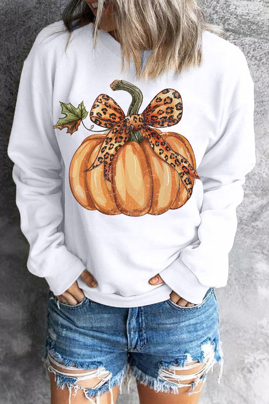 Leopard Bowknot Pumpkin Graphic Crewneck Sweatshirt