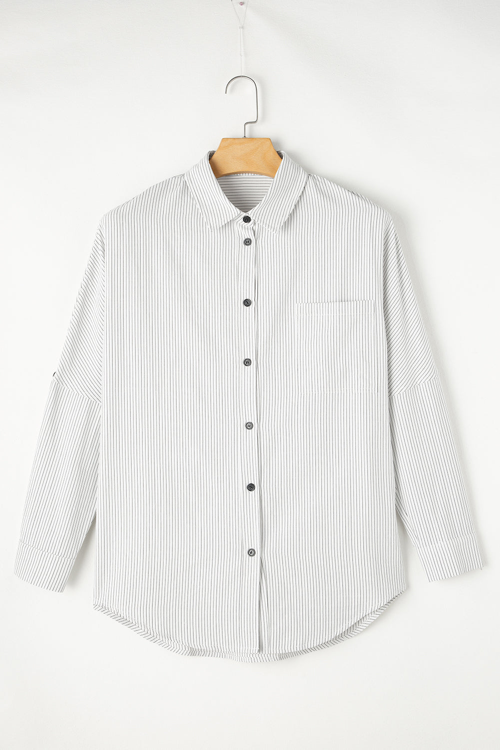 Striped Roll-tab Sleeve Pocketed Long Shirt