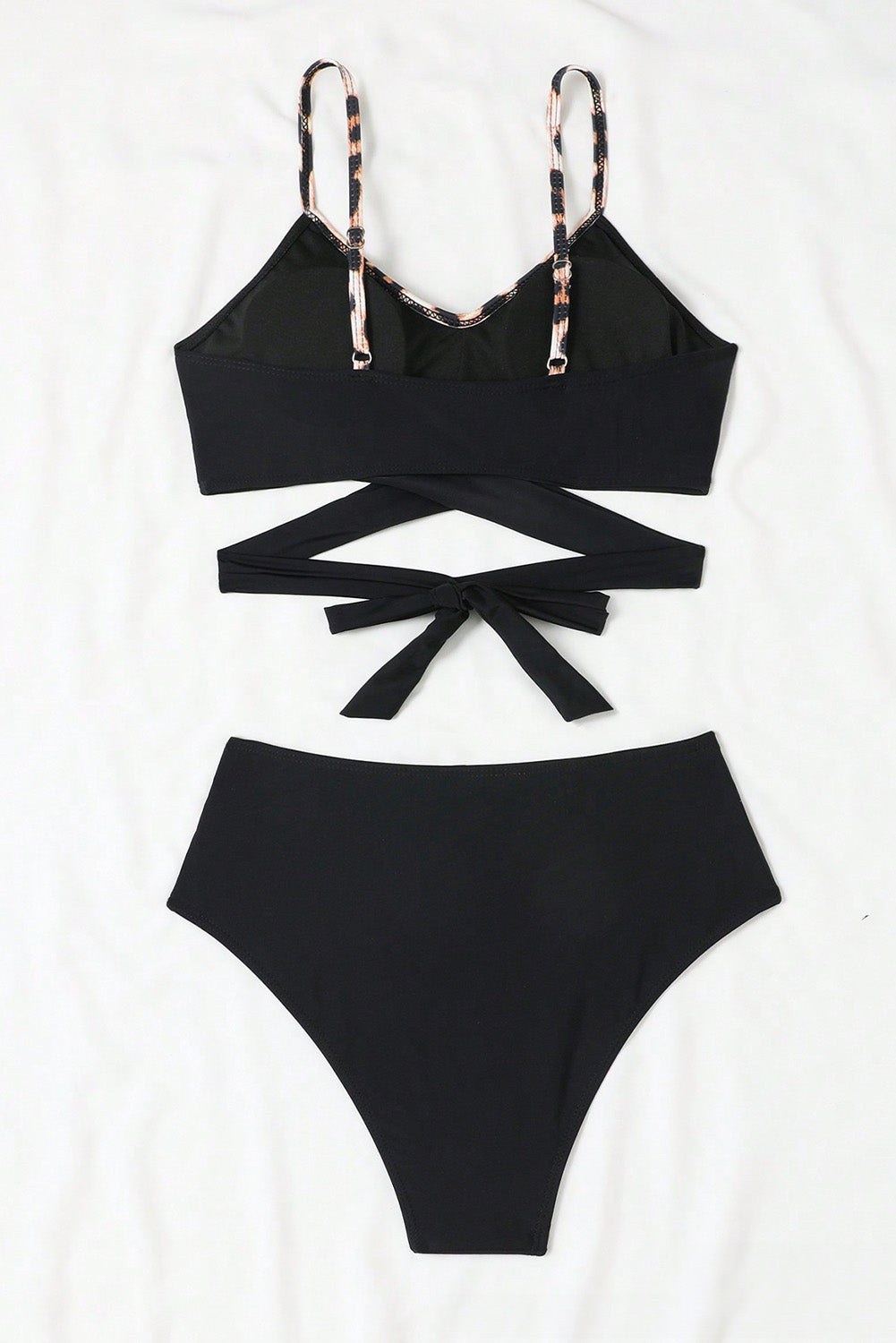 Black Leopard Splicing Criss Cross Tie Spaghetti Straps  High Waisted Bikini