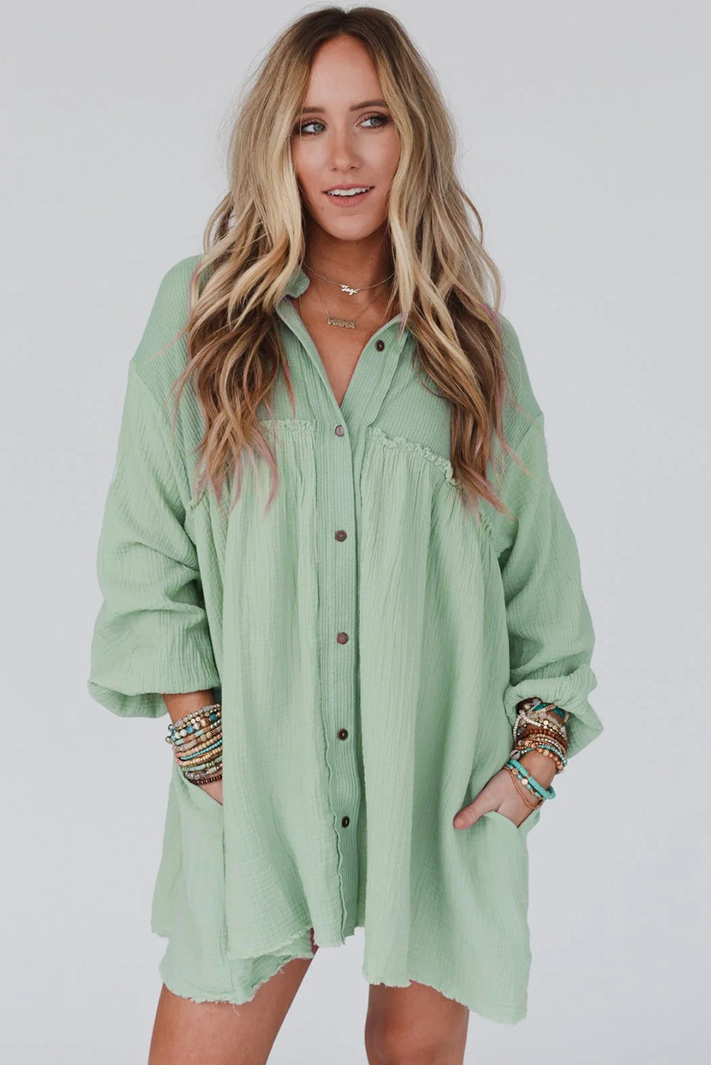 Patchwork Crinkle Puff Sleeve Shirt Dress