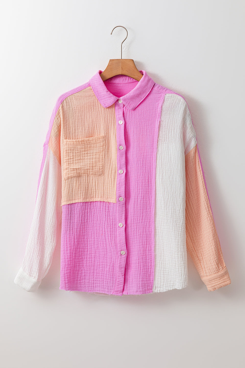 Rose Color Block Buttoned Raw Hem Textured Shirt