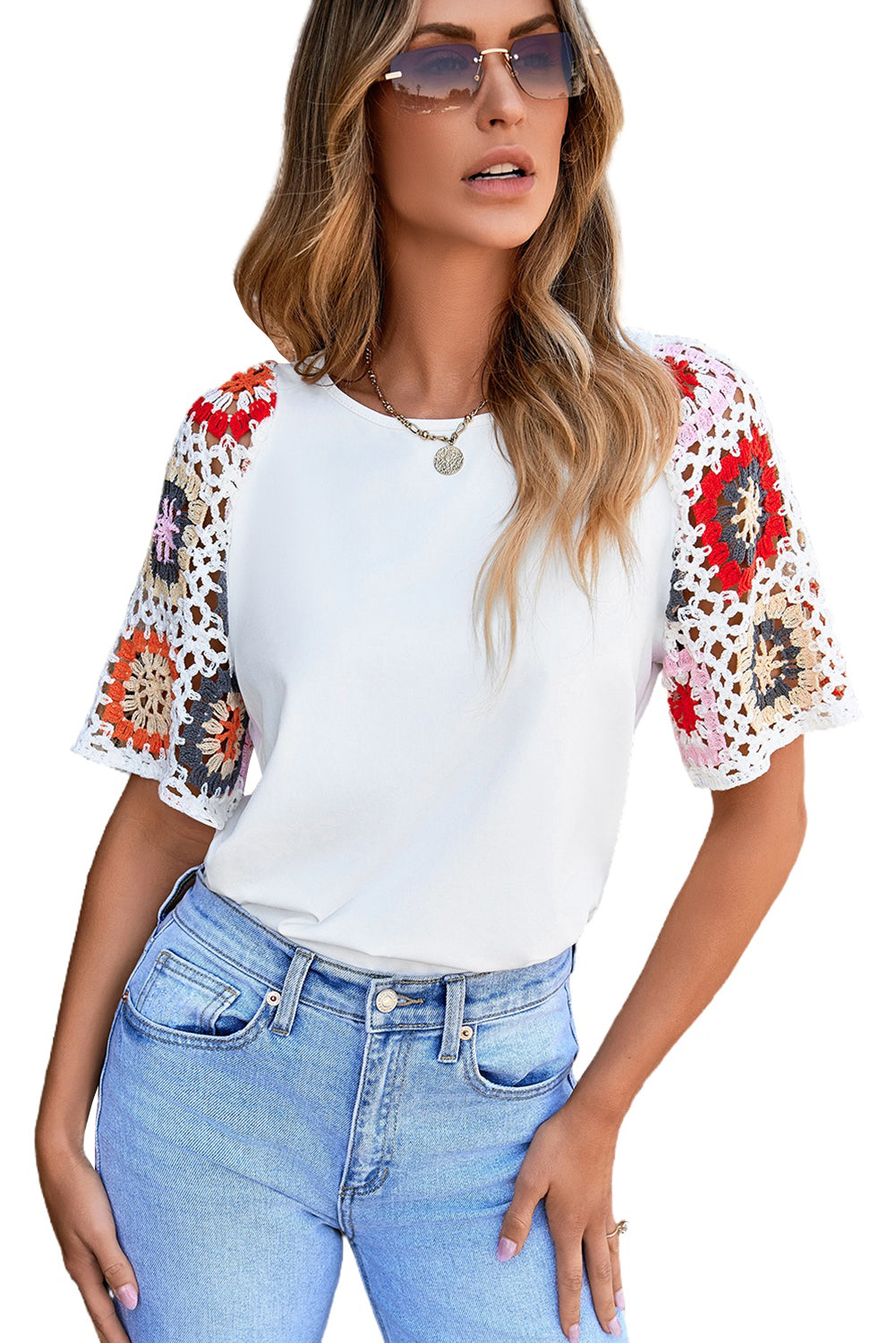 Medium Grey Floral Crochet Short Sleeve Top