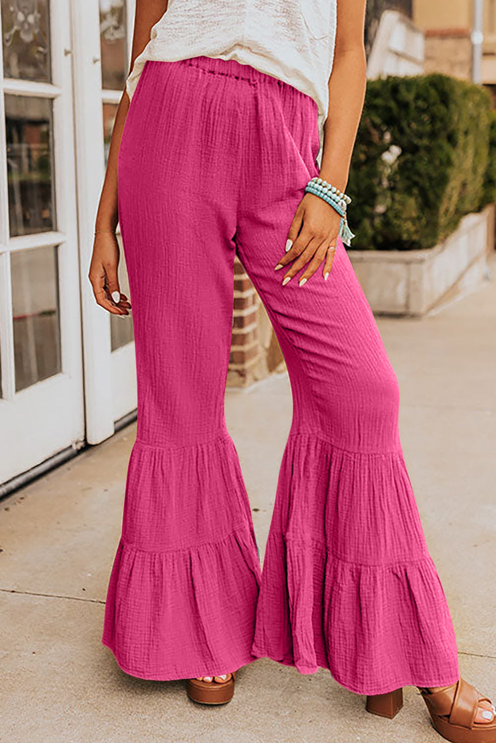 Black Textured High Waist Ruffled Bell Bottom Pants