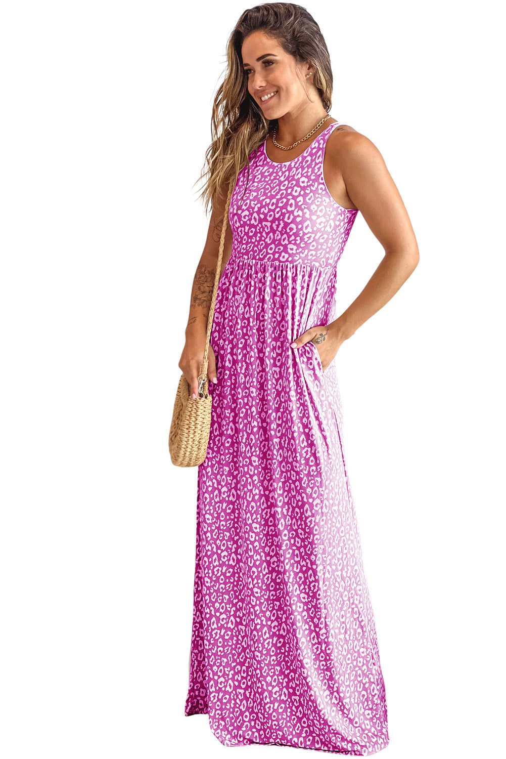 Pink Leopard Print Pocketed Sleeveless Maxi Dress