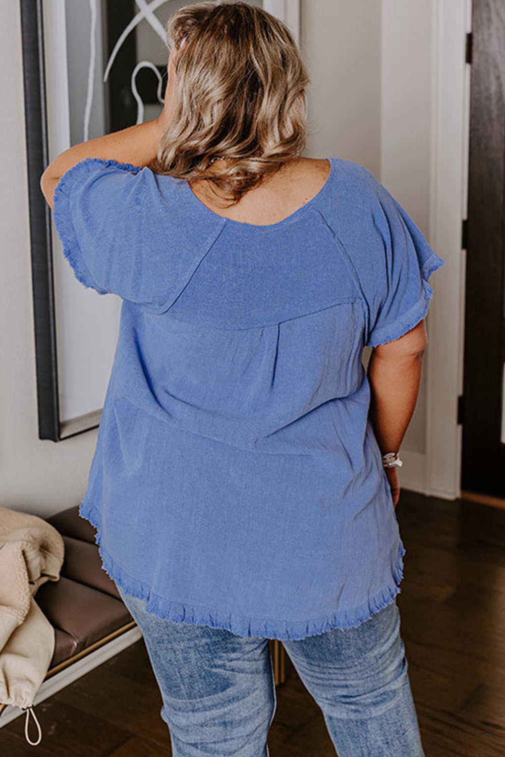 Plus Size Solid Color Short Sleeve Frayed Edge Top