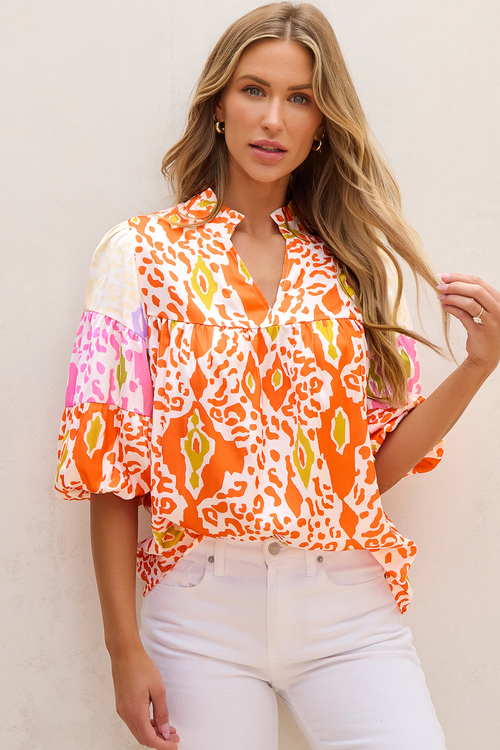 Orange Leopard Colorblock Puff Sleeve Split Neck Blouse