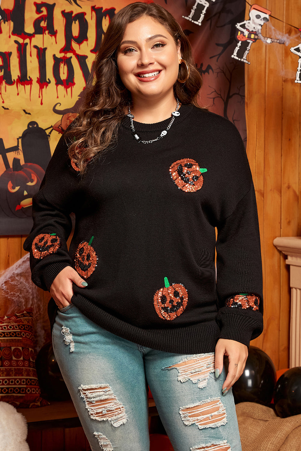 Plus Size Halloween Sequined Pumpkin Pattern Sweater