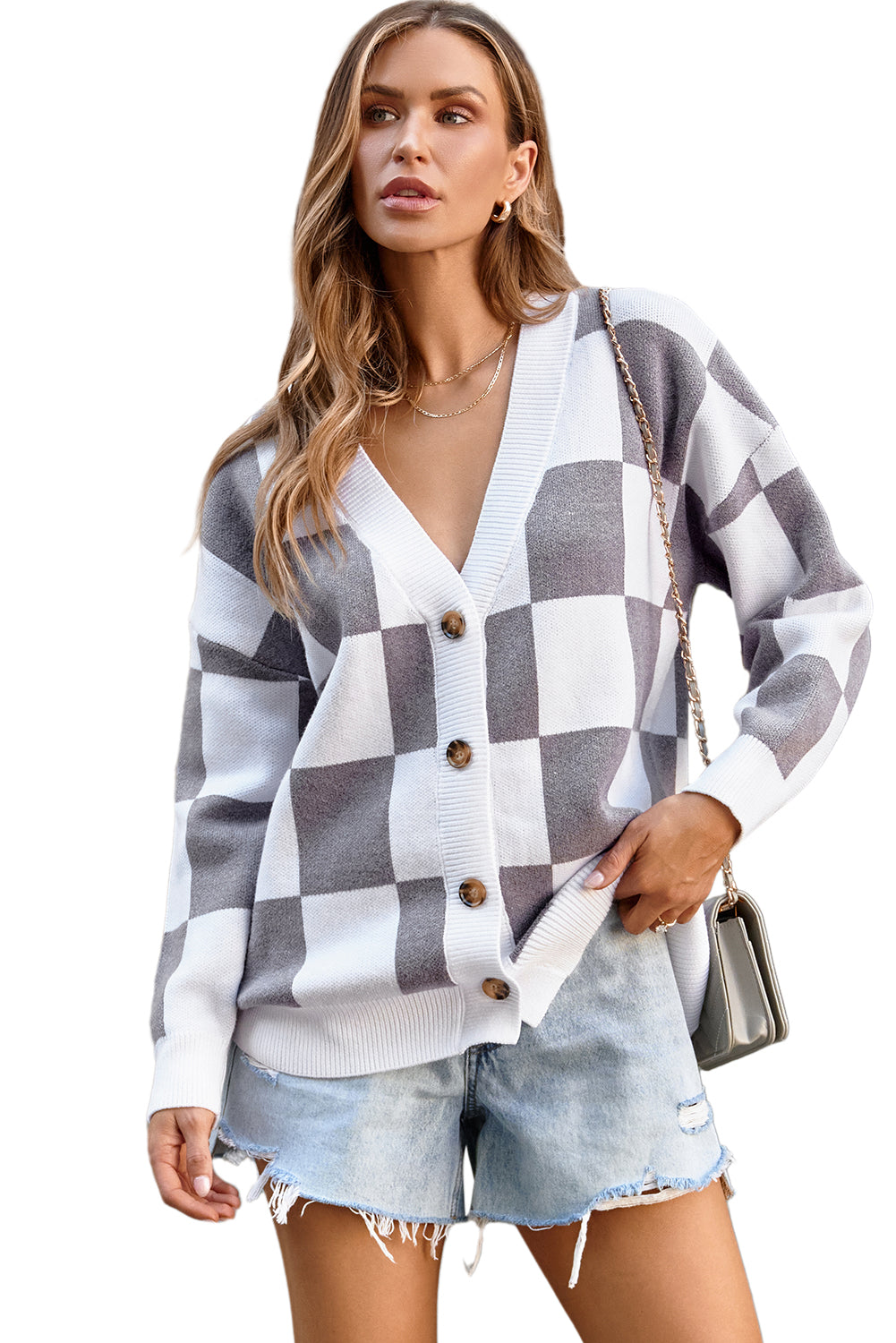 Checkered Print Button Up Sweater Cardigan