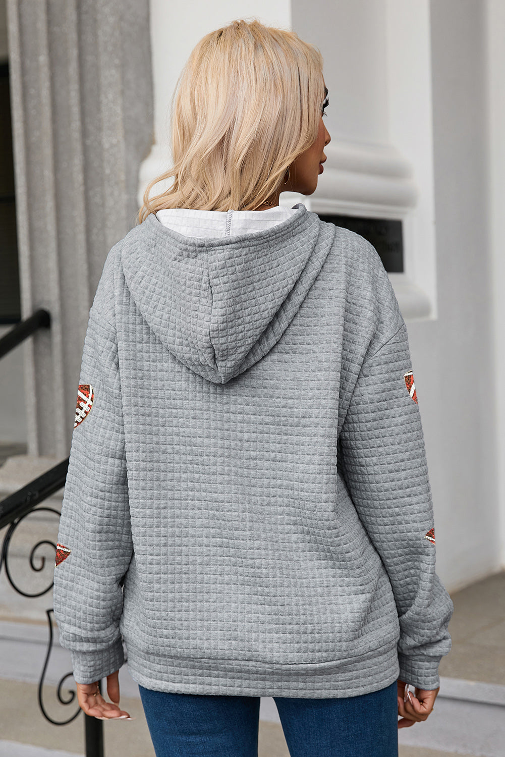 Gray Sequin Football Waffle Knit Kangaroo Pocket Loose Hoodie