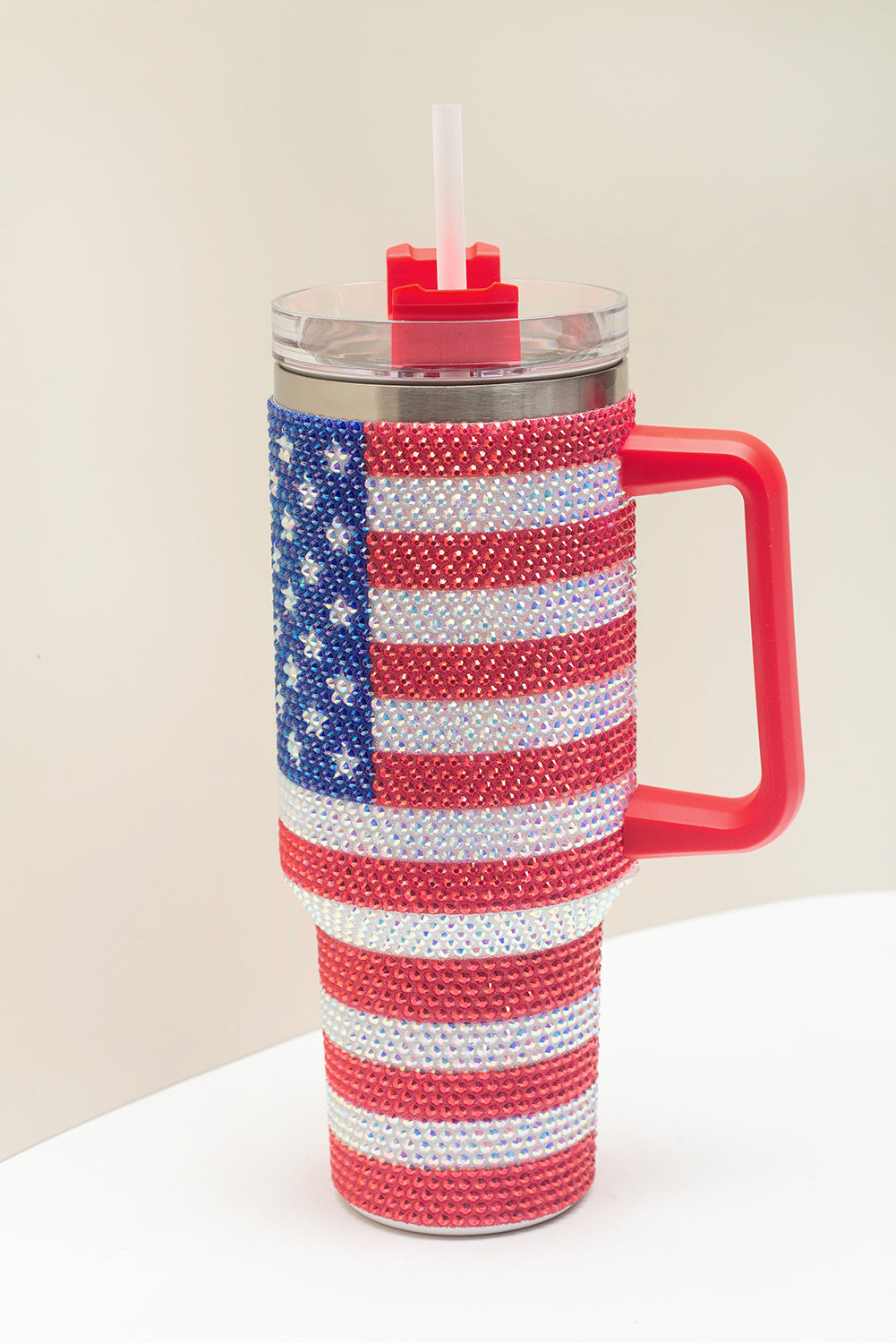 Rhinestone American Flag Print Handled 40oz Thermos Tumbler