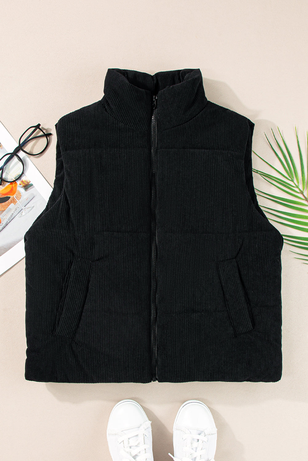 Corduroy Stand Neck Zipped Puffer Vest