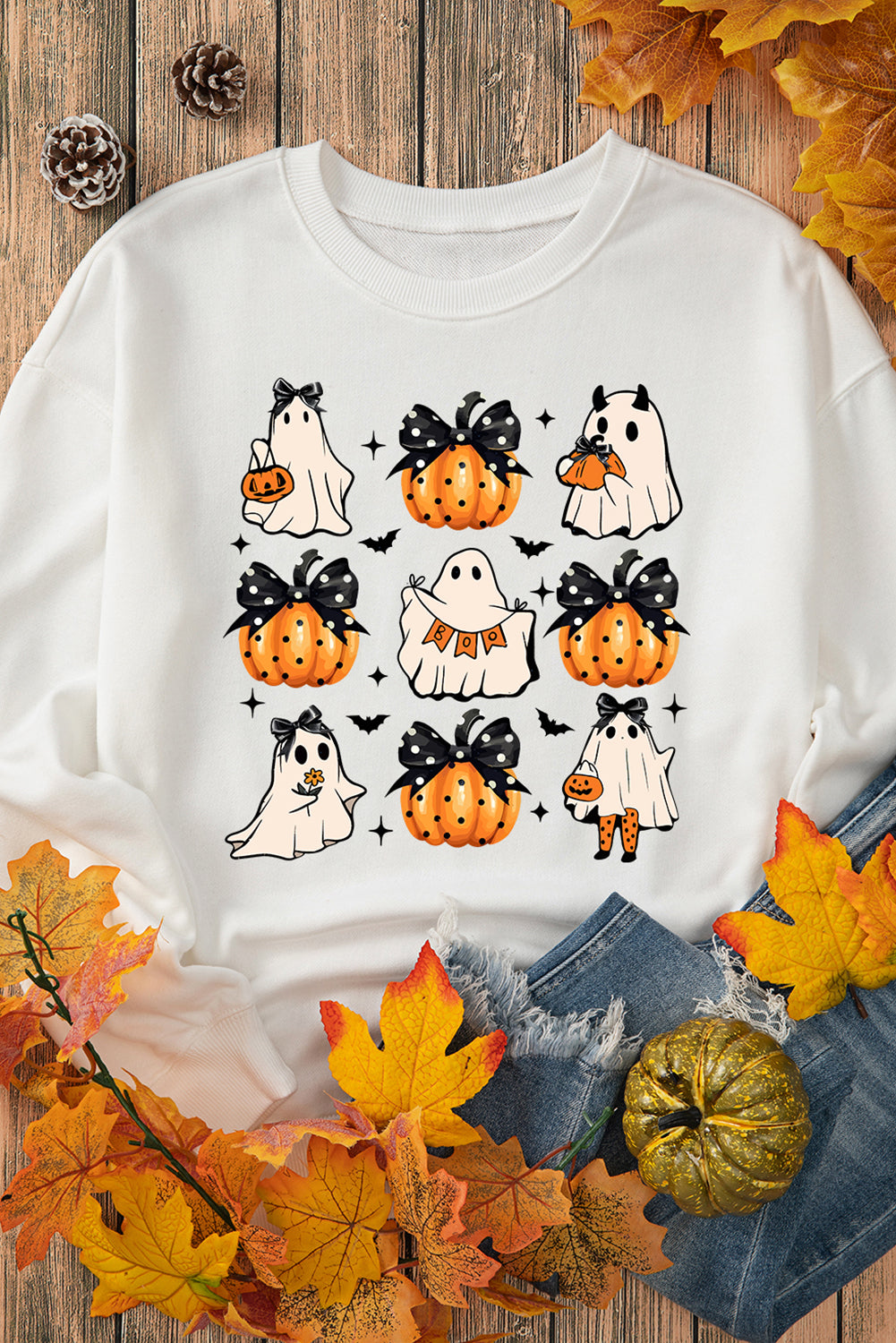 Halloween Ghost Pumpkin Print Crew Neck Sweatshirt