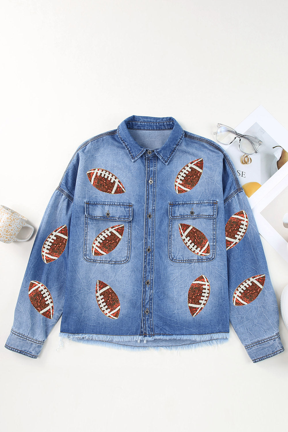 Sky Blue Football Sequin Patchwork Flap Pockets Raw Hem Denim Jacket