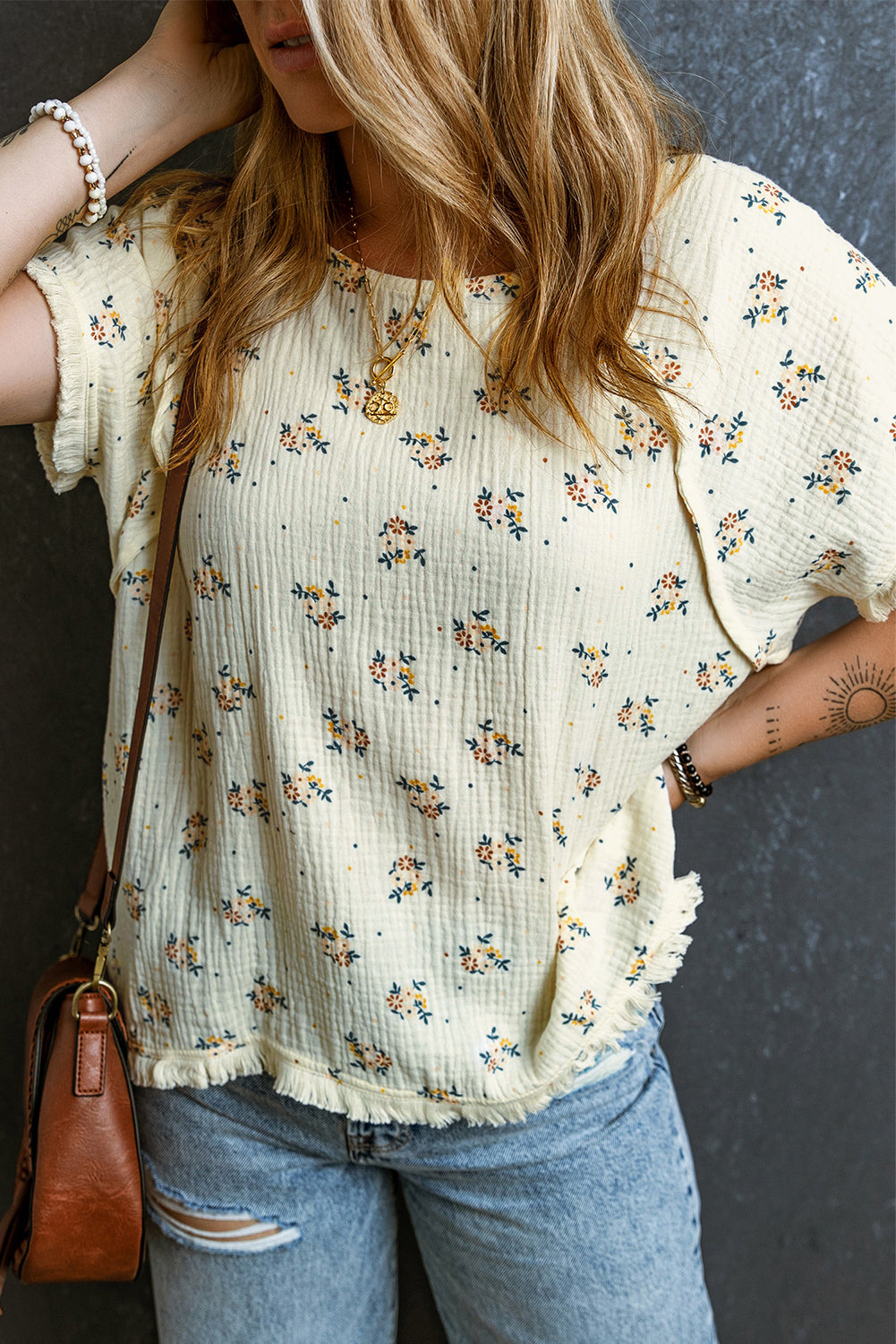 Floral Detail Fringe Trimming Textured Top