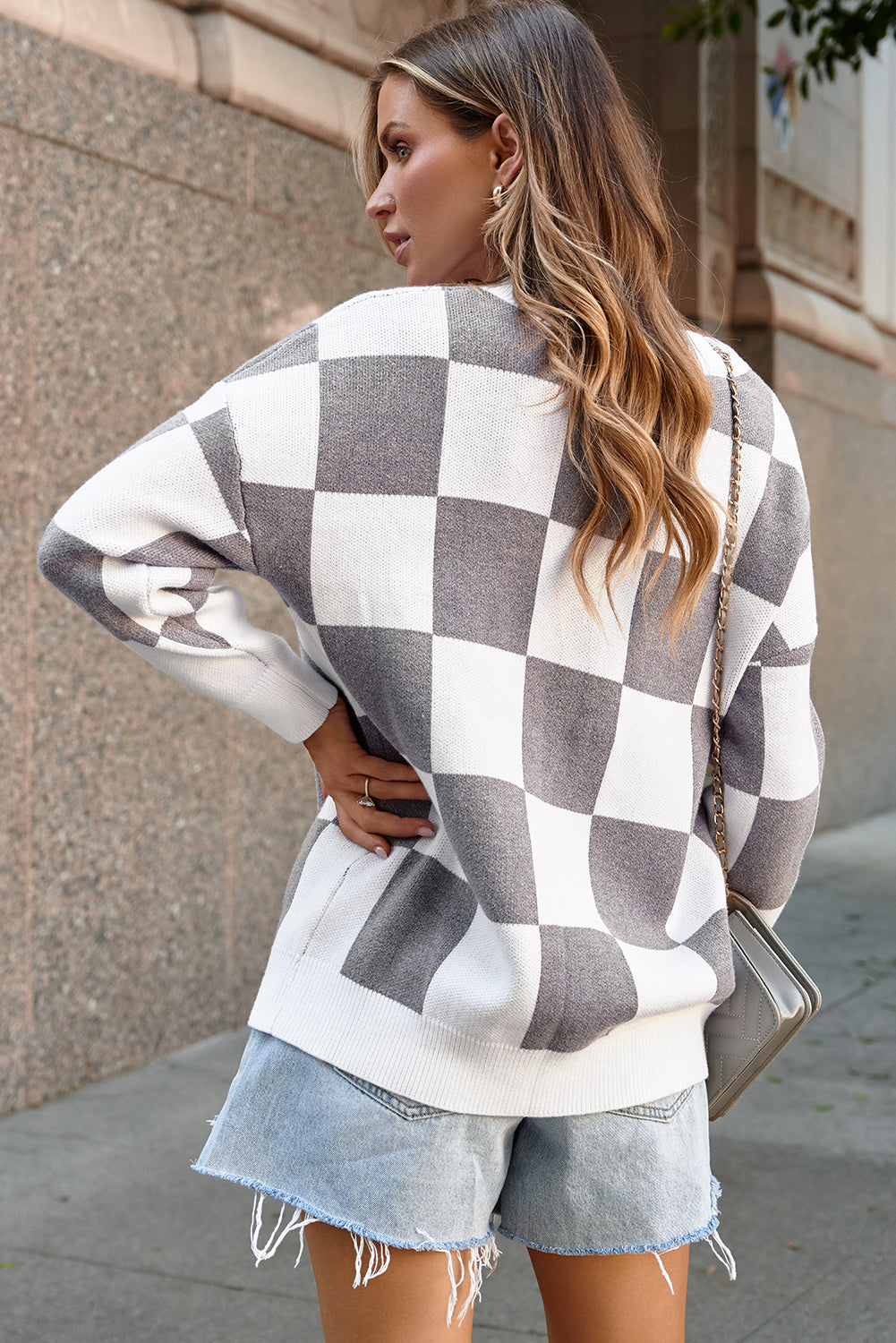 Checkered Print Button Up Sweater Cardigan