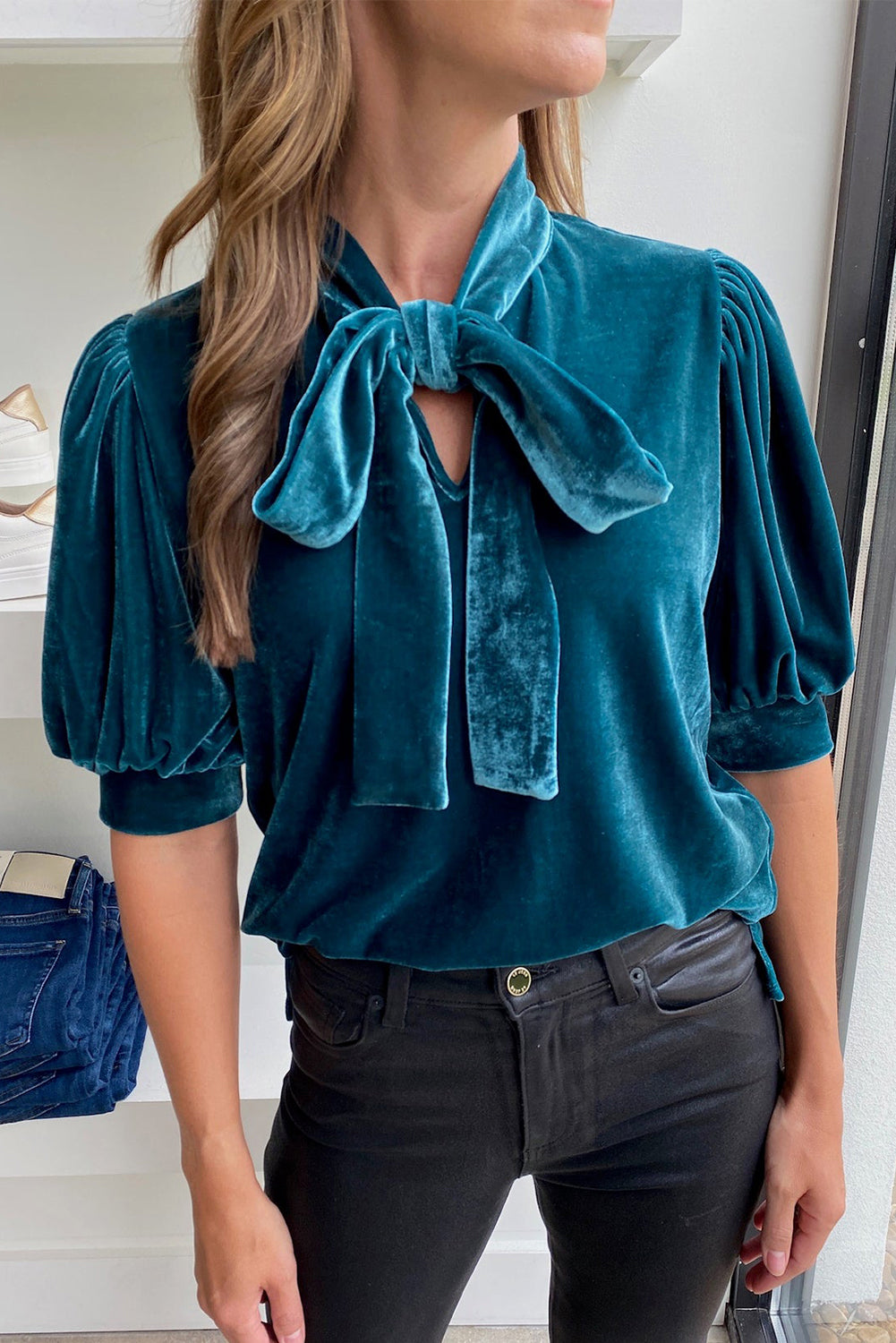 Velvet Bow Tie Neck Short Sleeve Top