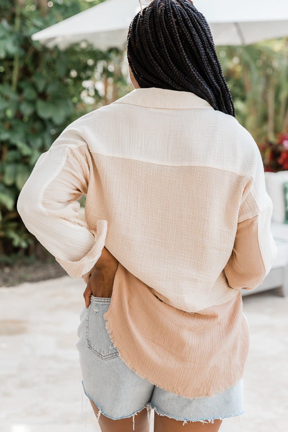 Rose Color Block Buttoned Raw Hem Textured Shirt