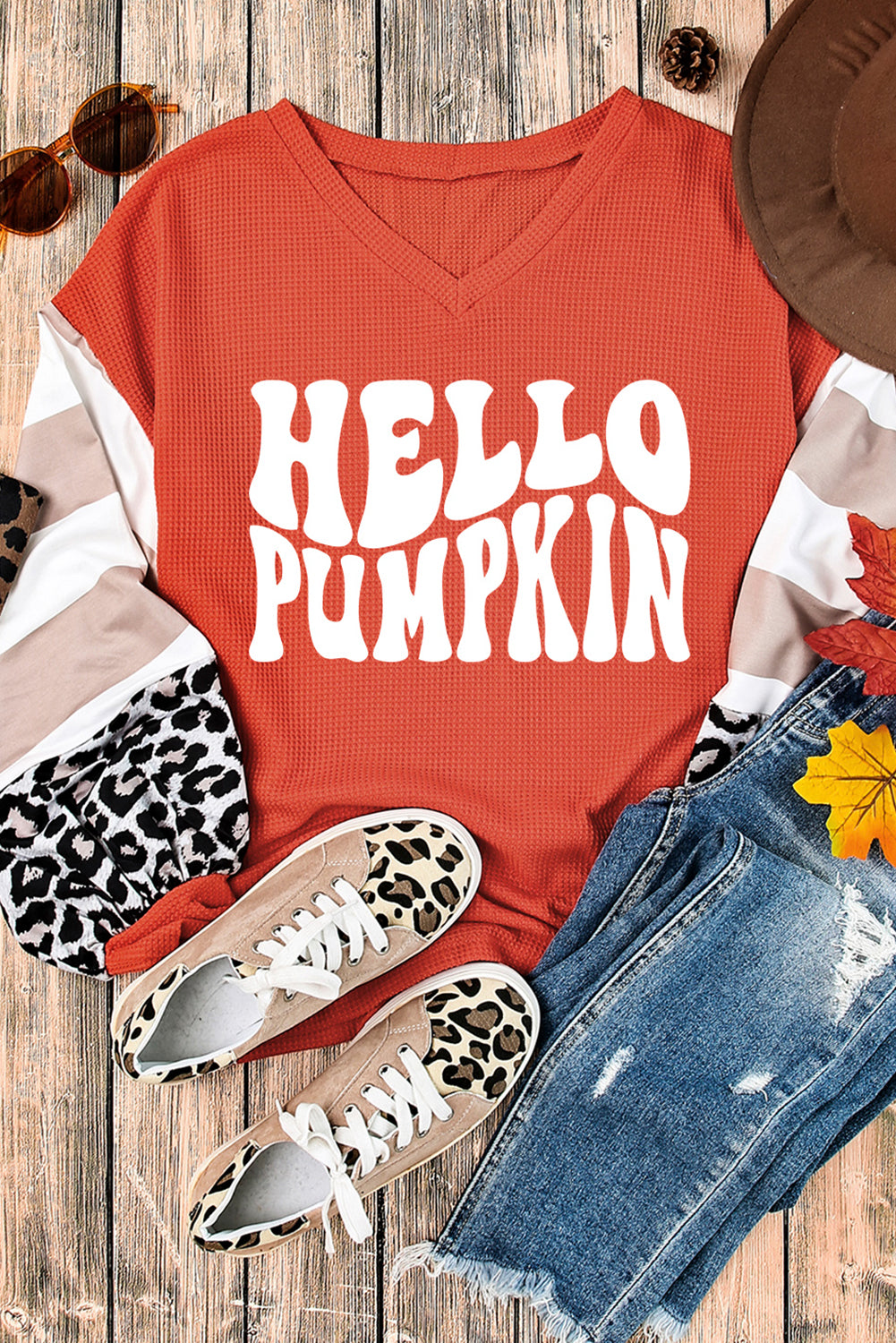 Pumpkin Graphic Leopard Striped Colorblock Sleeve V Neck Top