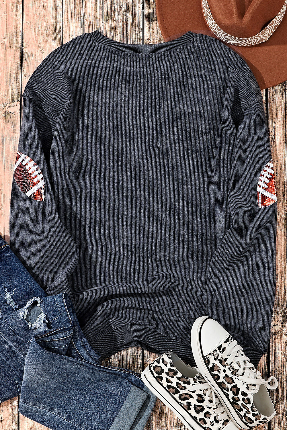 Gray Sequin Football Graphic Corded Baggy Sweatshirt