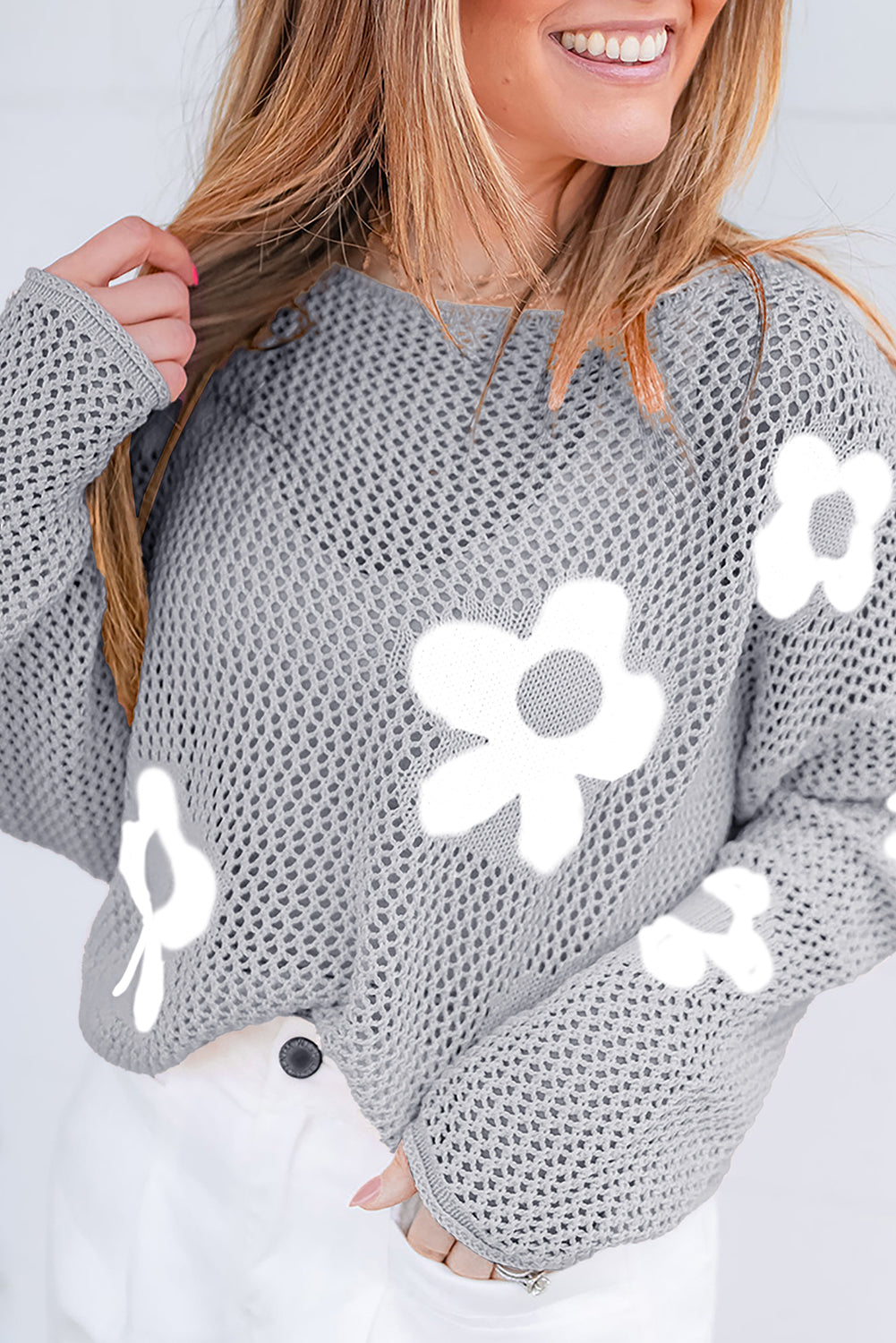 Flower Hollowed Knit Drop Shoulder Sweater