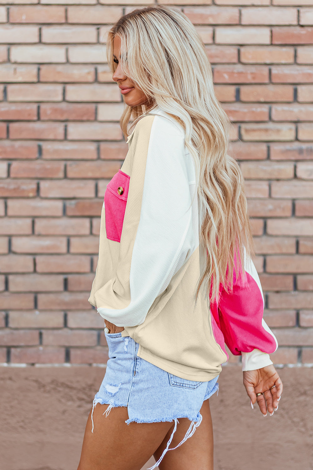 Beautiful Colorblock Ribbed Collared Oversized Sweatshirt