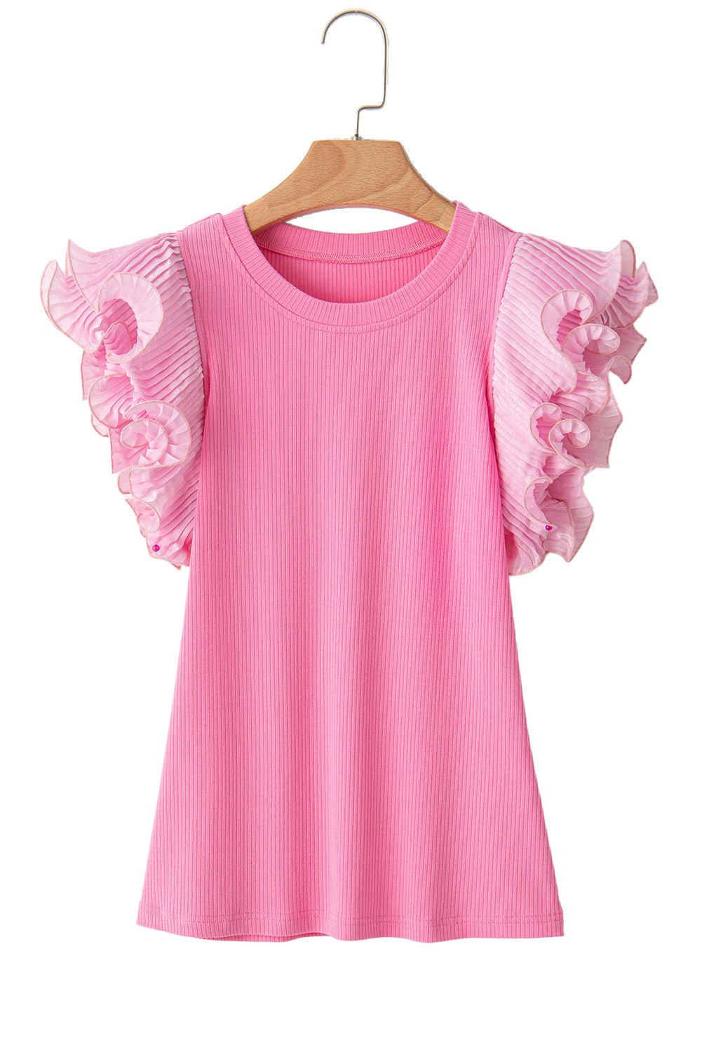 Strawberry Pink Ruffled Pleated Mesh Sleeve Ribbed Knit Slim Fit T Shirt