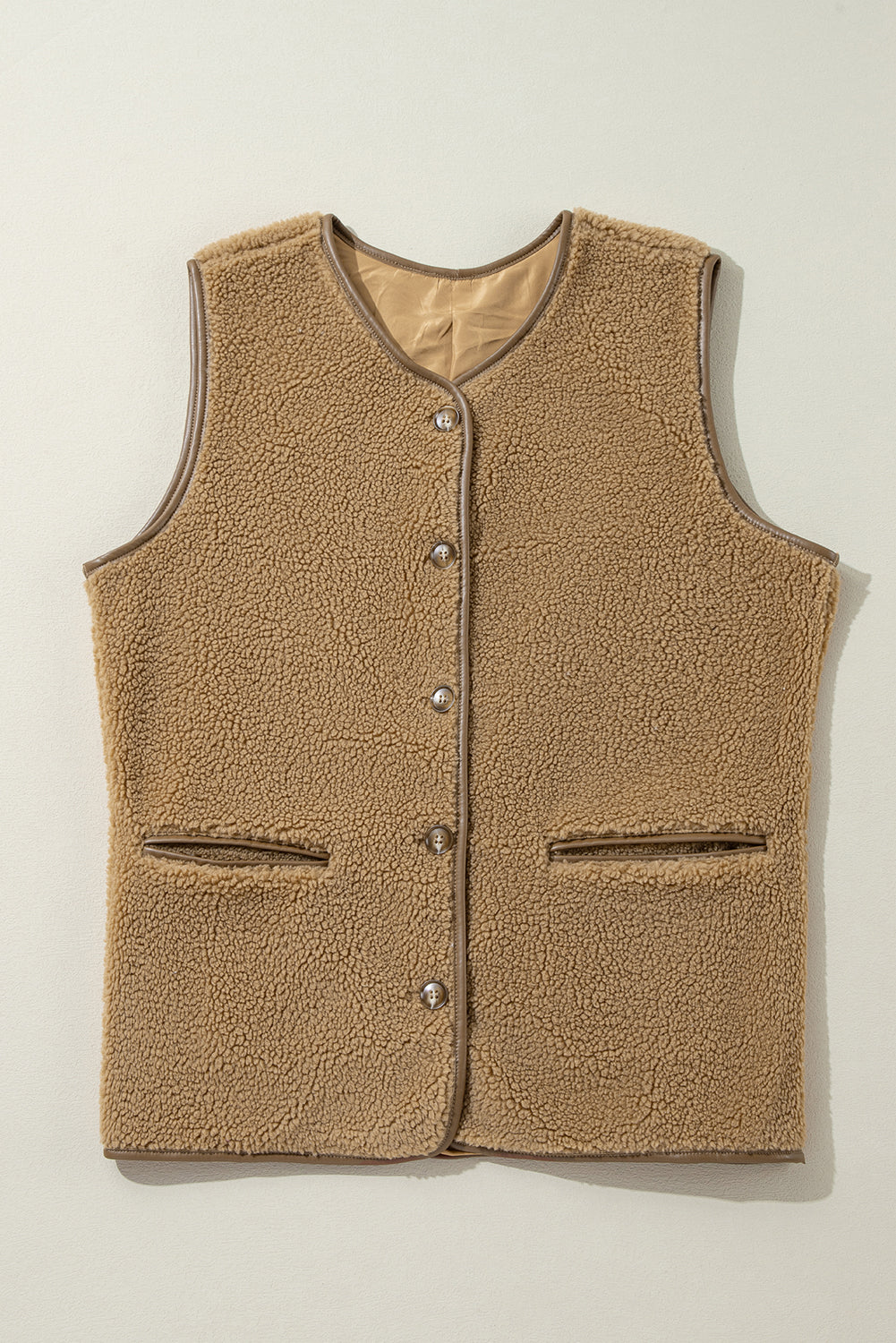 Leather Contrast Side Pockets Buttoned Fleece Vest