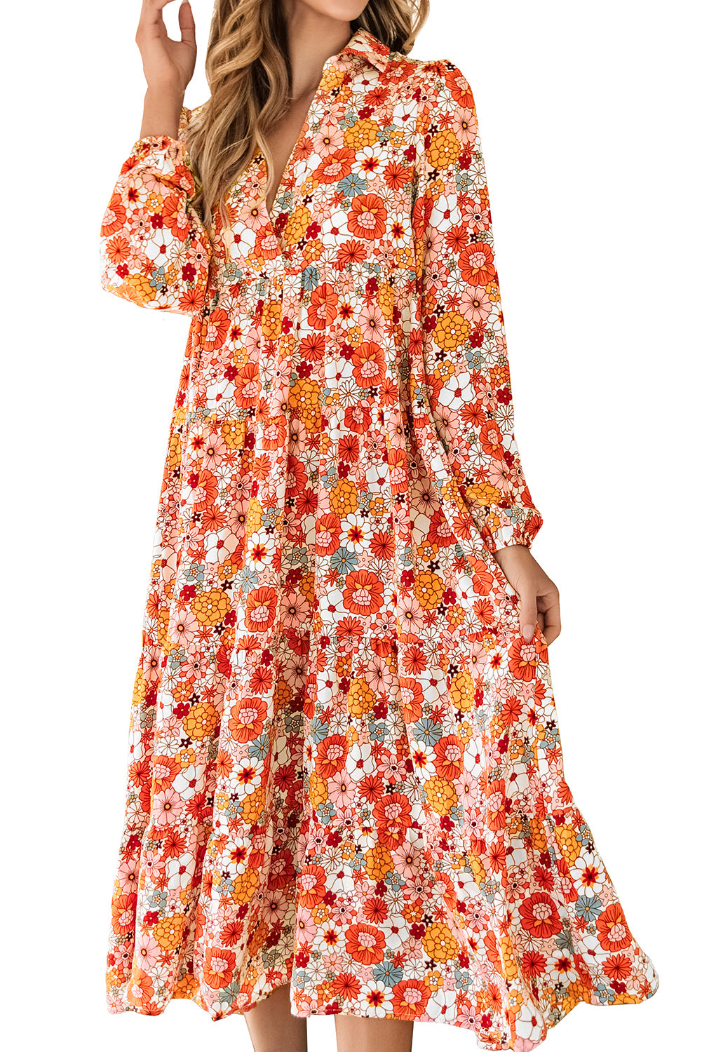 Yellow Boho Floral Collared Long Sleeve Ruffled Dress