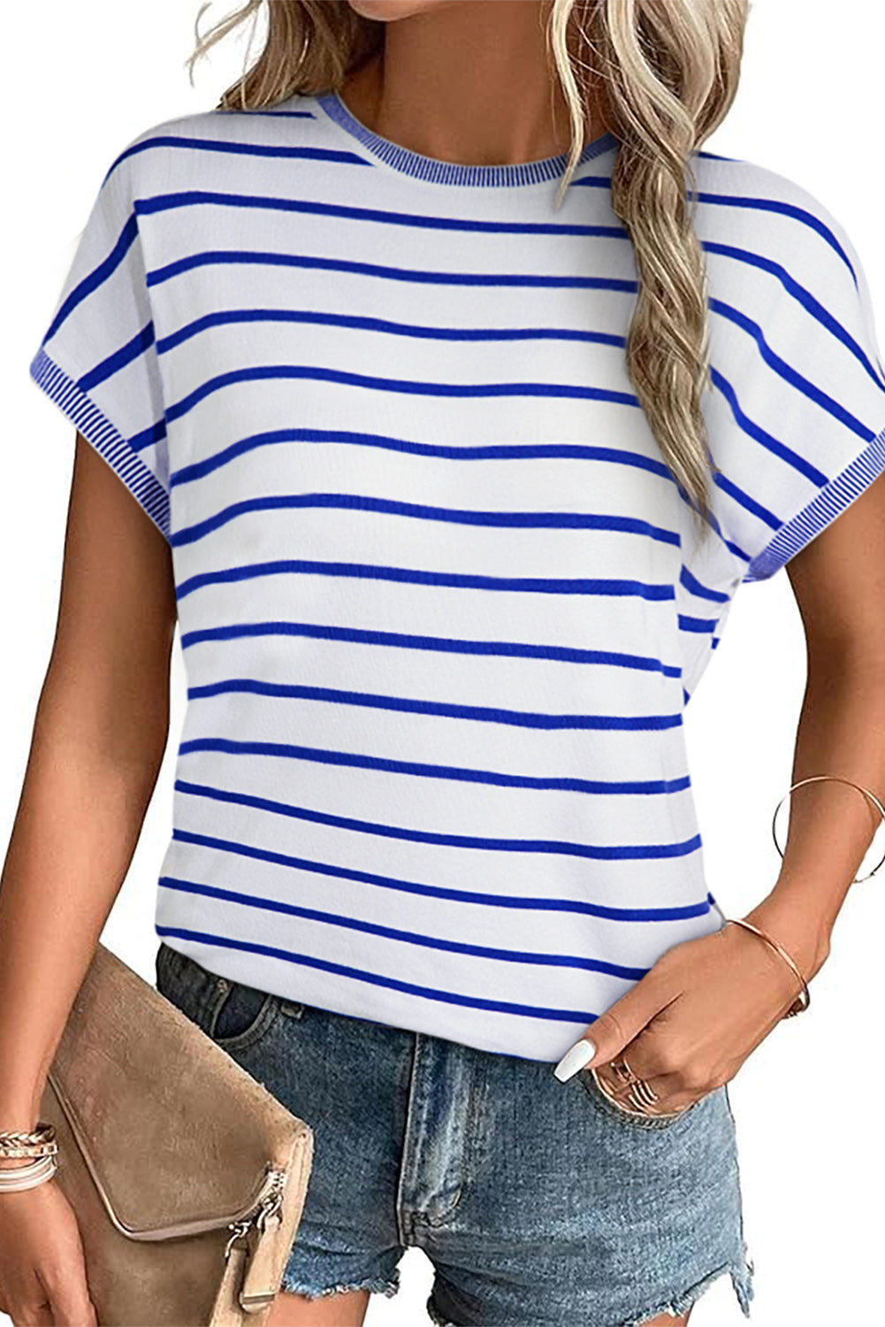 Striped Knitted Bat Sleeve T Shirt