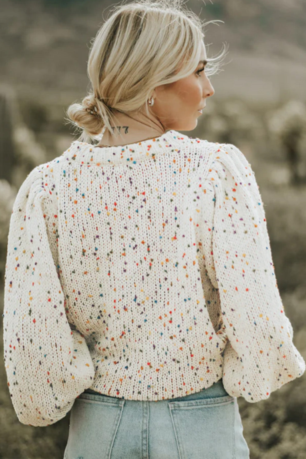 Beige Colorful Dots Cable Knit Crew Neck Sweater