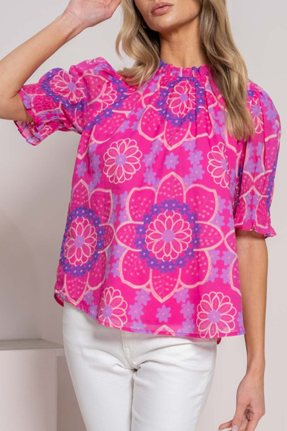 Floral Print Frilled Neck Smocked Puff Sleeve Blouse