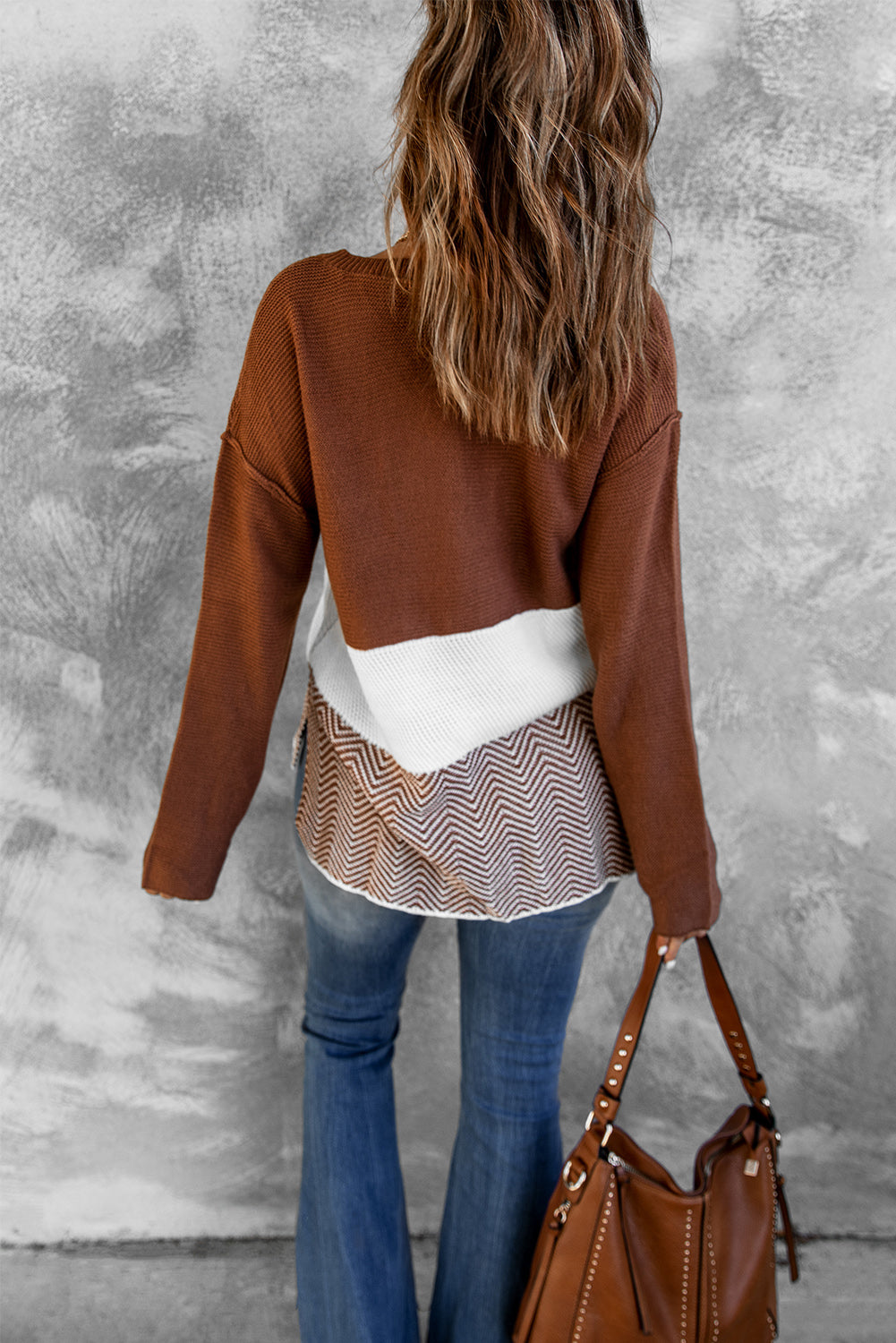 Spliced Buttoned Knitted Long Sleeve Sweater