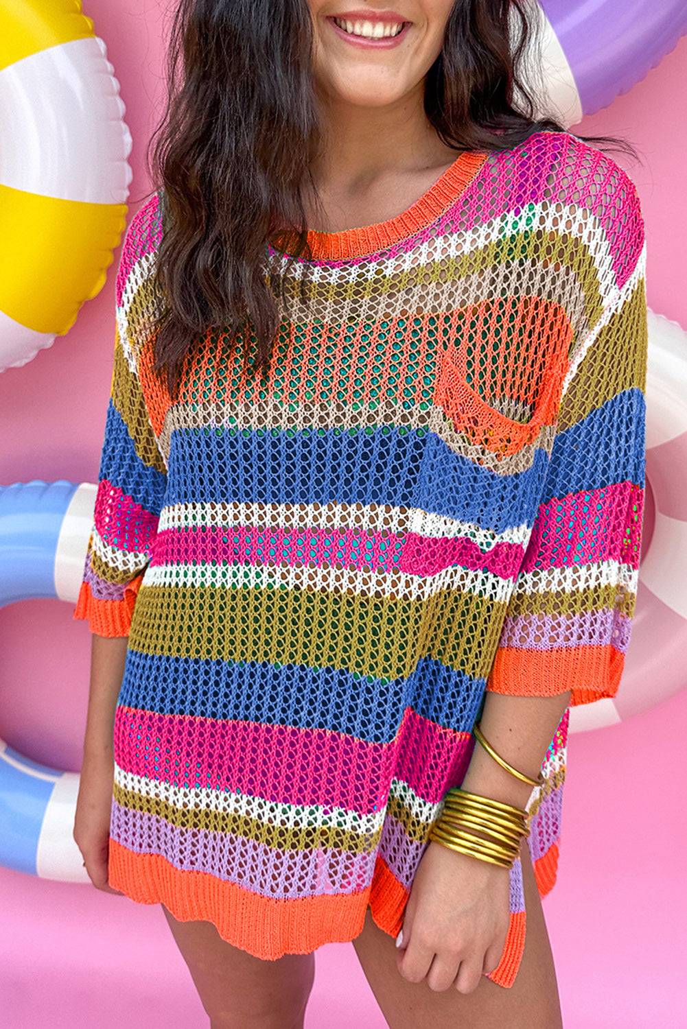 Striped Colorblock Hollowed Crochet 3/4 Sleeve Sweater