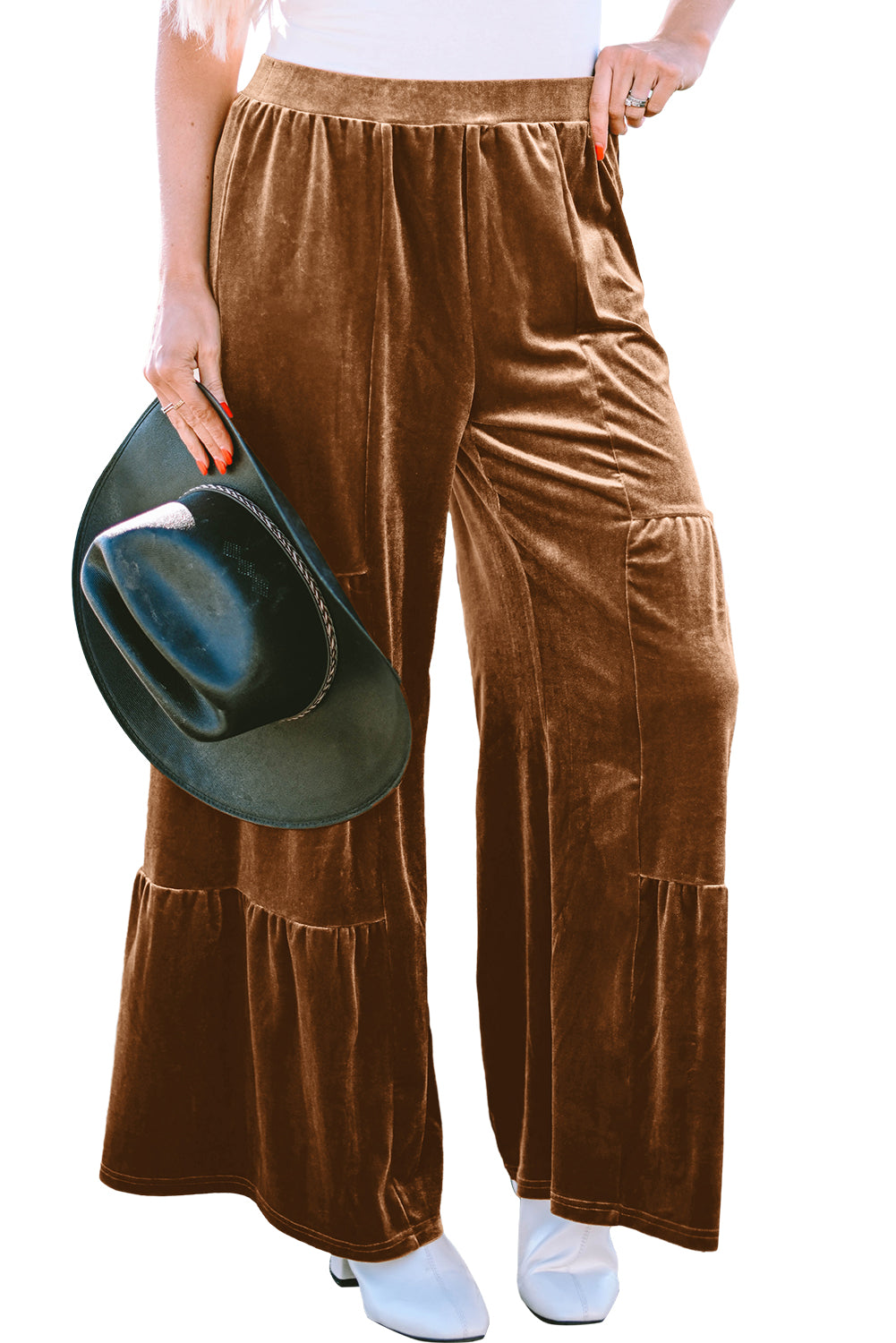 Chestnut Ruffle Hem Wide Leg Velvet Pants