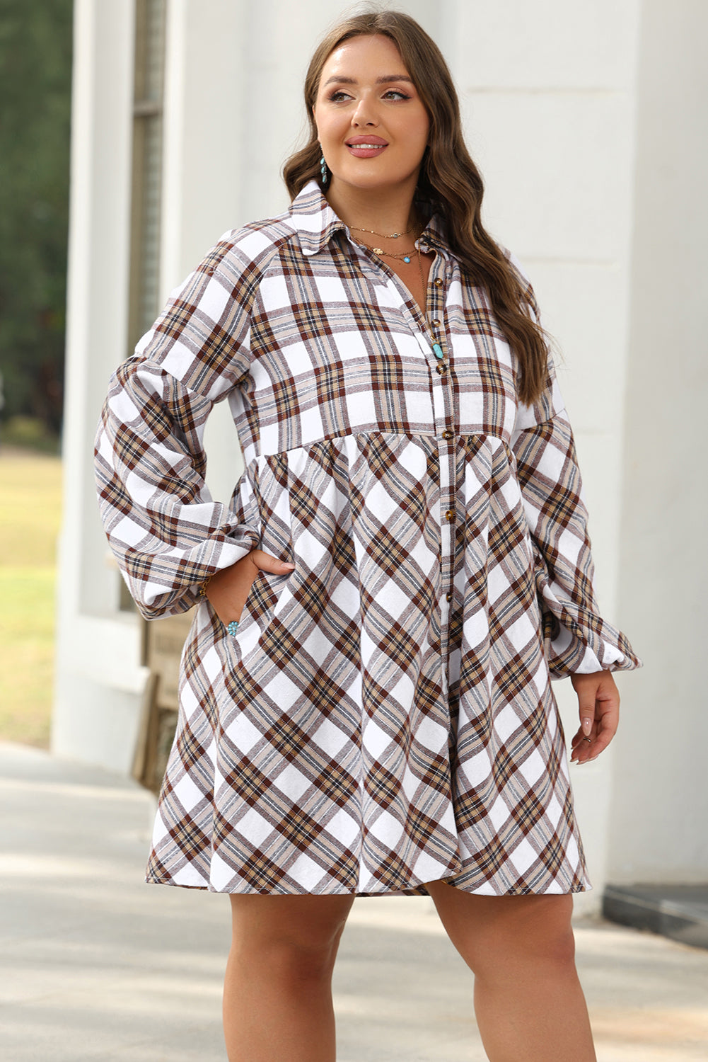 Plaid Bubble Sleeve Flowy Shirt Dress