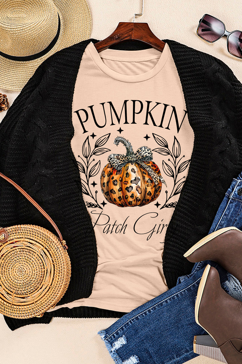 Pumpkin Patch Girly Leopard Bowknot Pumpkin Graphic T Shirt