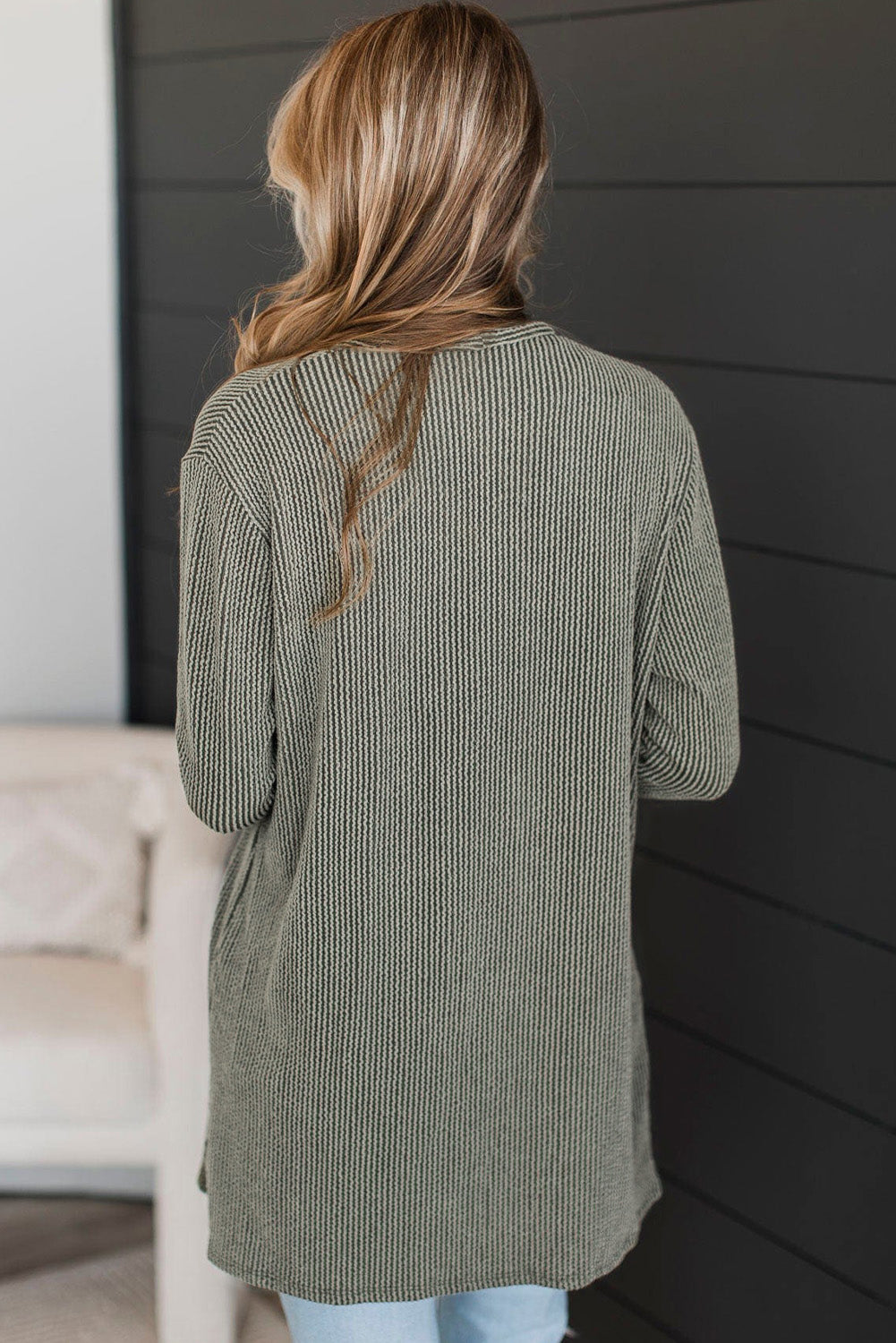 Moss Green Corded Open Front Knit Cardigan