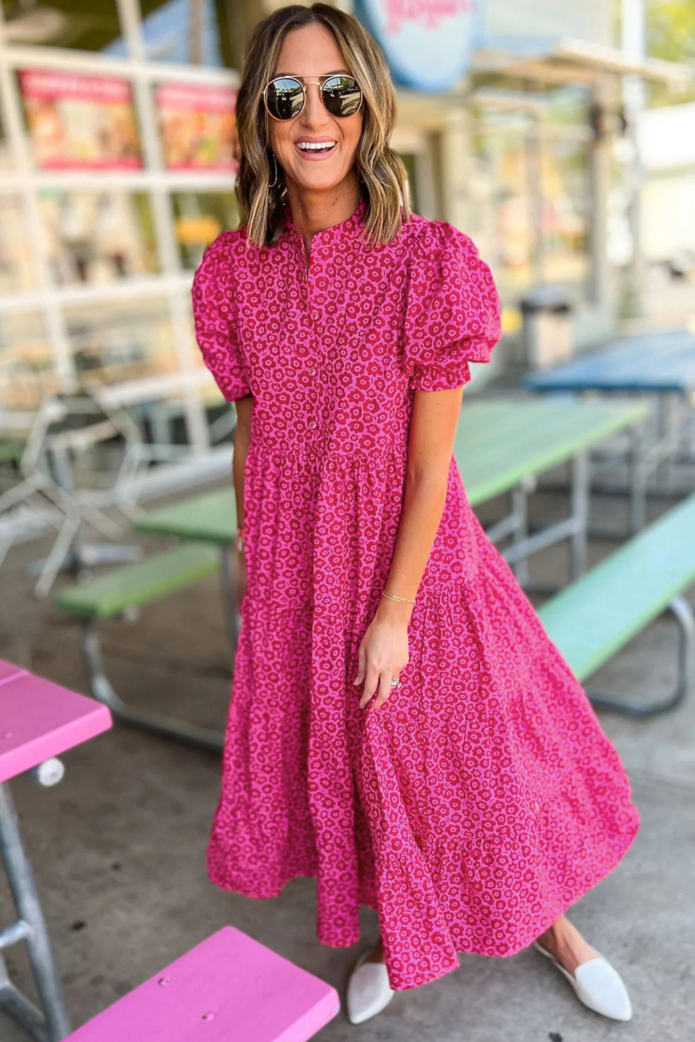 Rose Red Flower Mock Neck Puff Sleeve Tiered Maxi Dress