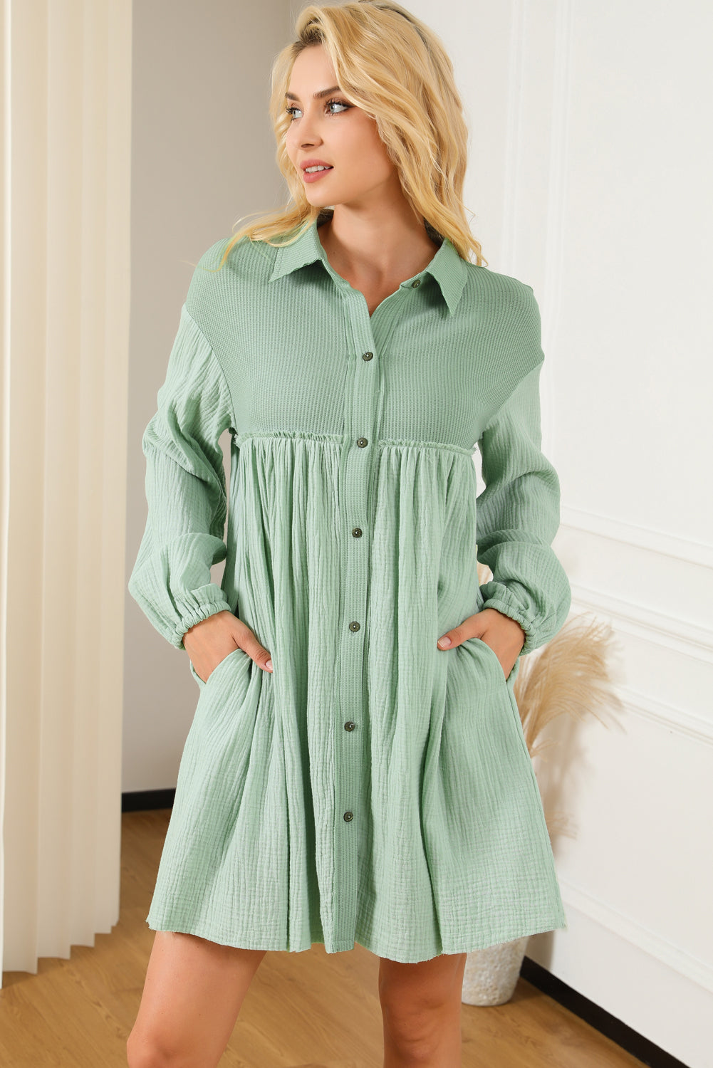 Patchwork Crinkle Puff Sleeve Shirt Dress