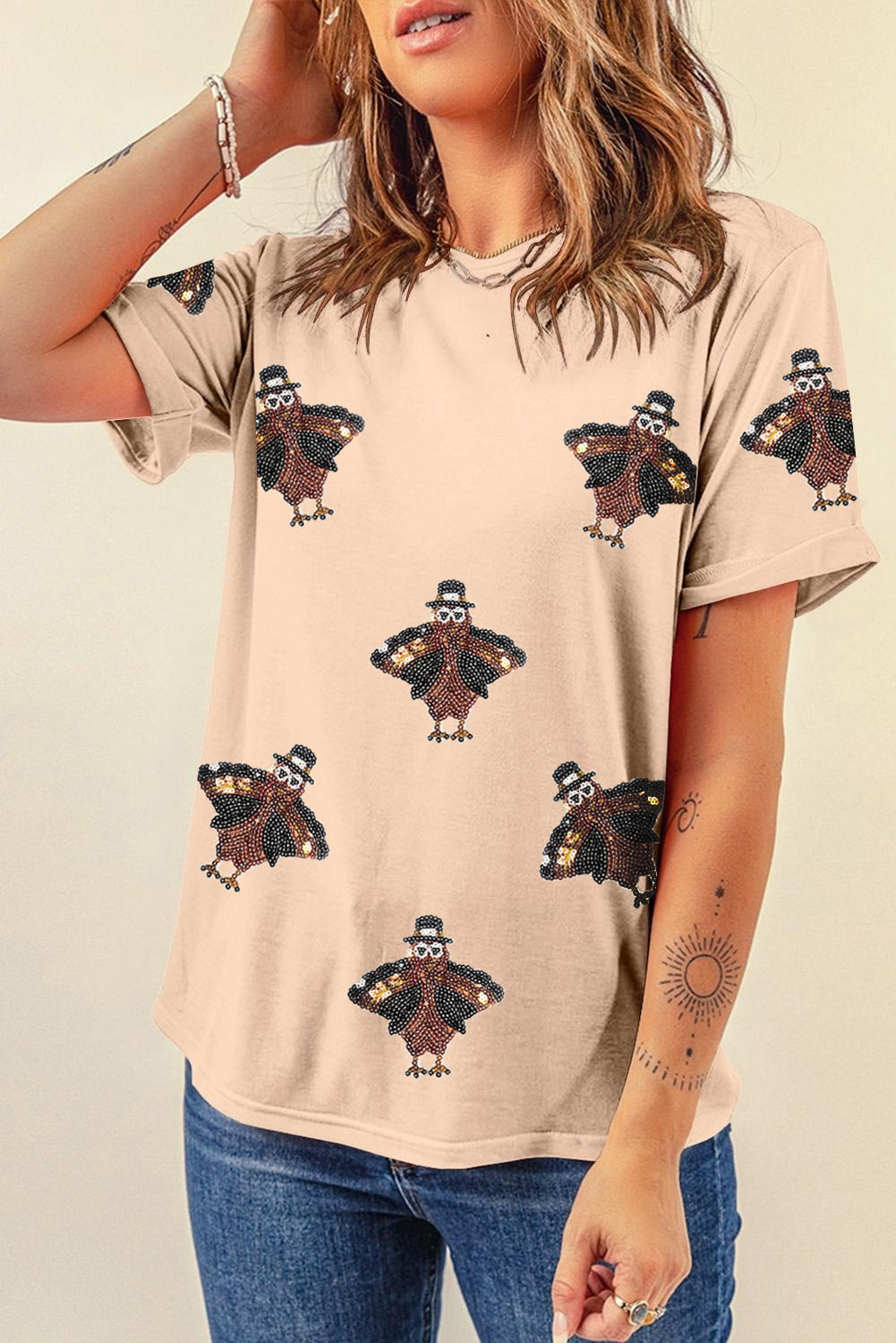 Sequined Turkey Patched Pattern Crewneck Thanksgiving T Shirt