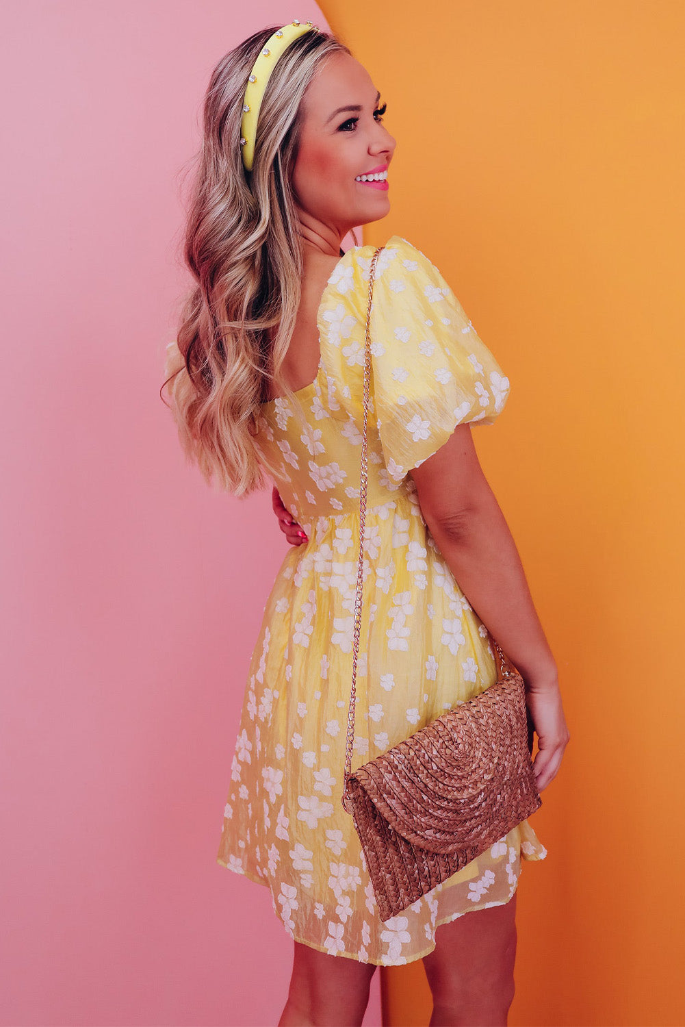 Yellow Boho Flower Jacquard Puff Sleeve Square Neck Mini Dress