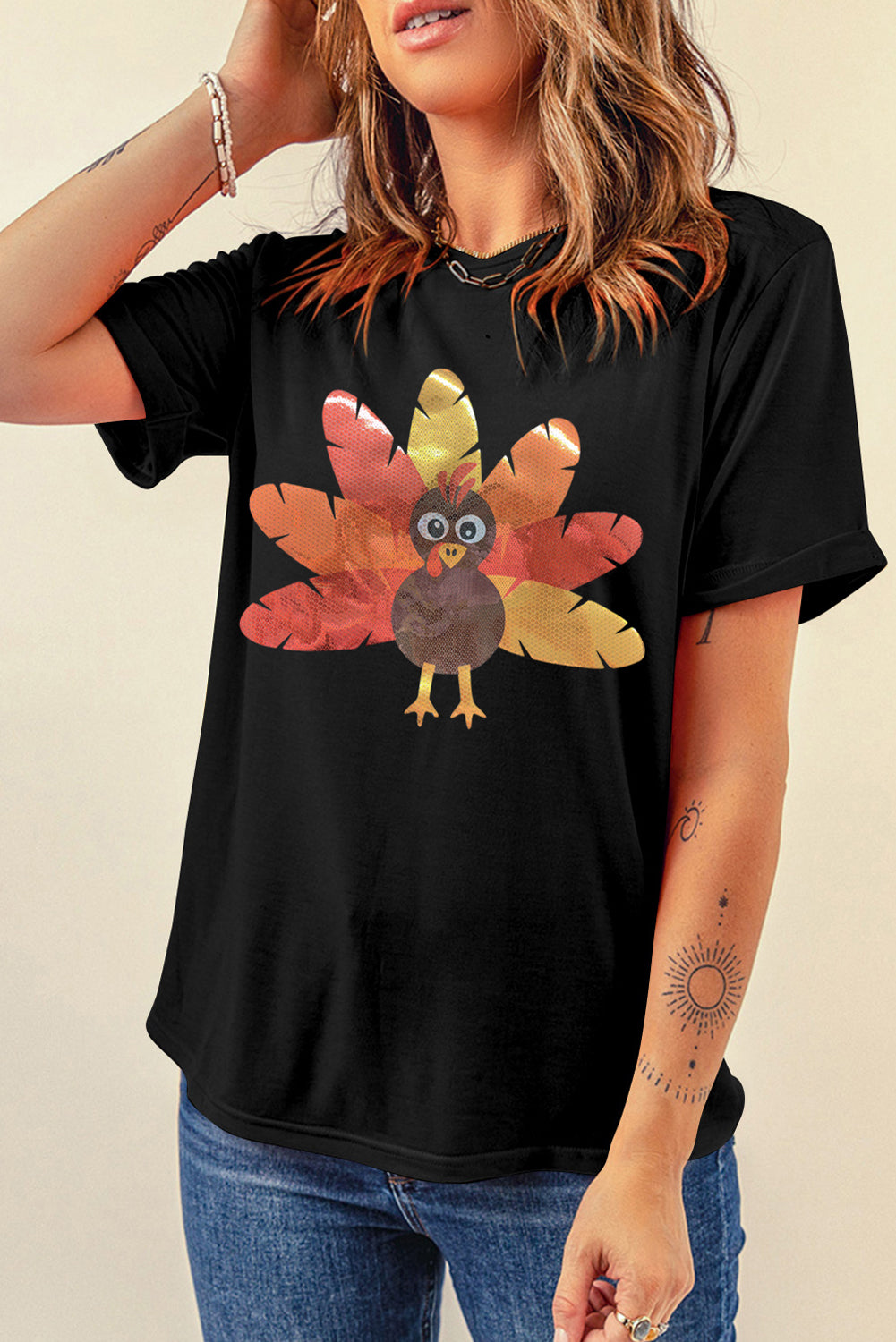 Leafy Turkey Graphic Crewneck Thanksgiving T Shirt