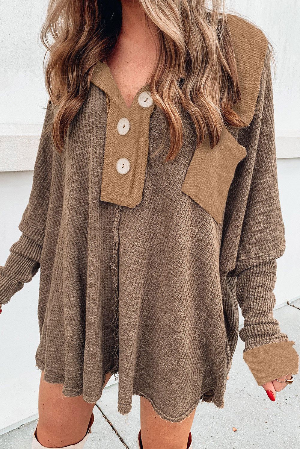 Waffle Knit Buttoned Long Sleeve Top