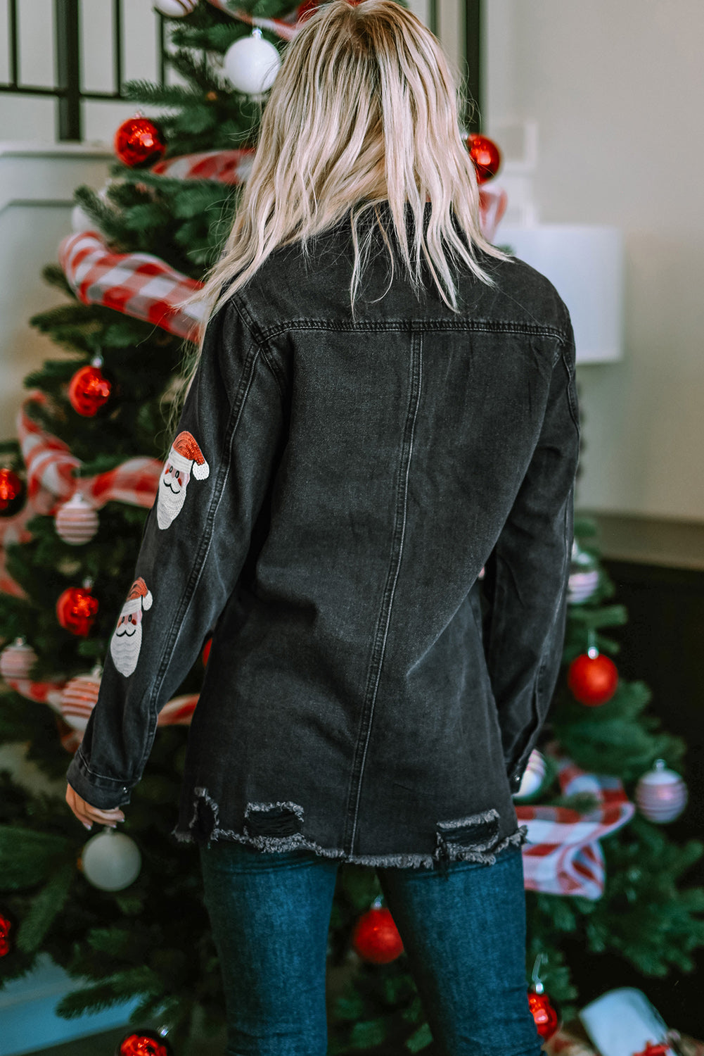 Sequined Santa Claus Graphic Frayed Denim Jacket