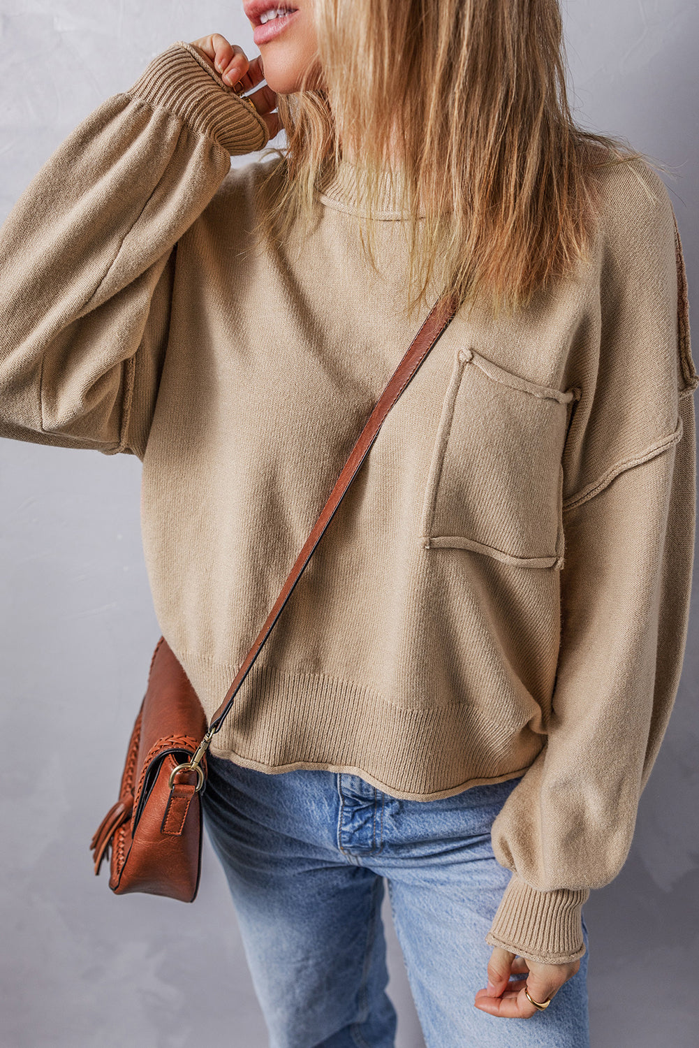 Orange Raw Edge Patch Pocket Exposed Seam Loose Sweater