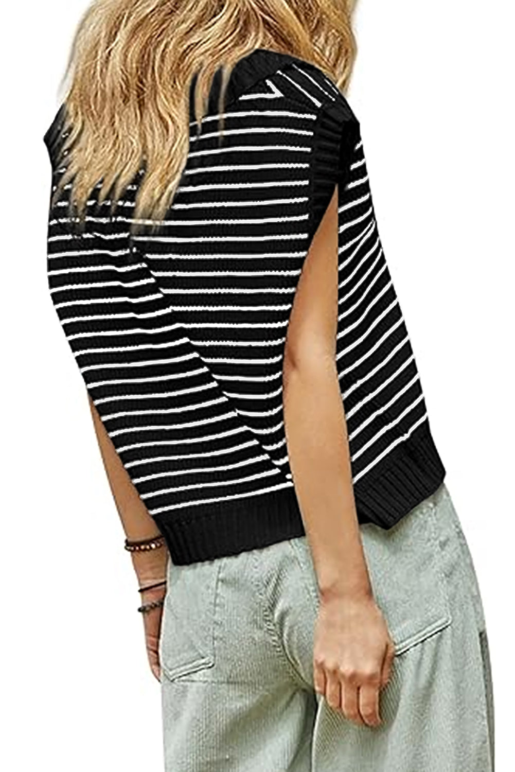 Beige Stripe Turn-down V Neck Sweater Tank Top