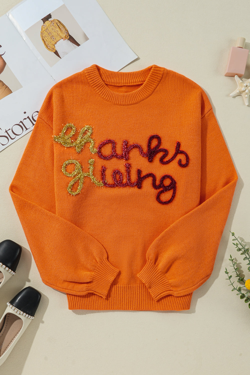 Thanksgiving Tinsel Drop Shoulder Crew Neck Sweater