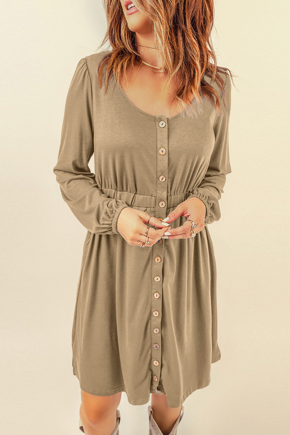 Green Button Up High Waist Long Sleeve Dress