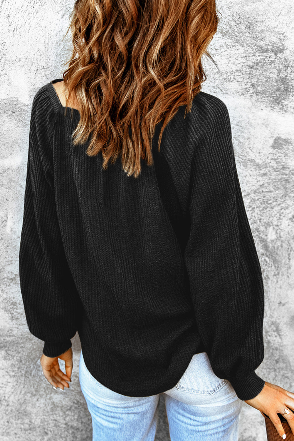 Black Football Print Square Neck Puff Sleeve Waffle Top